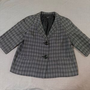 Talbots Women’s Blazer Linen Blend Plaid Black & White 3/4 Sleeve Button Sz 14